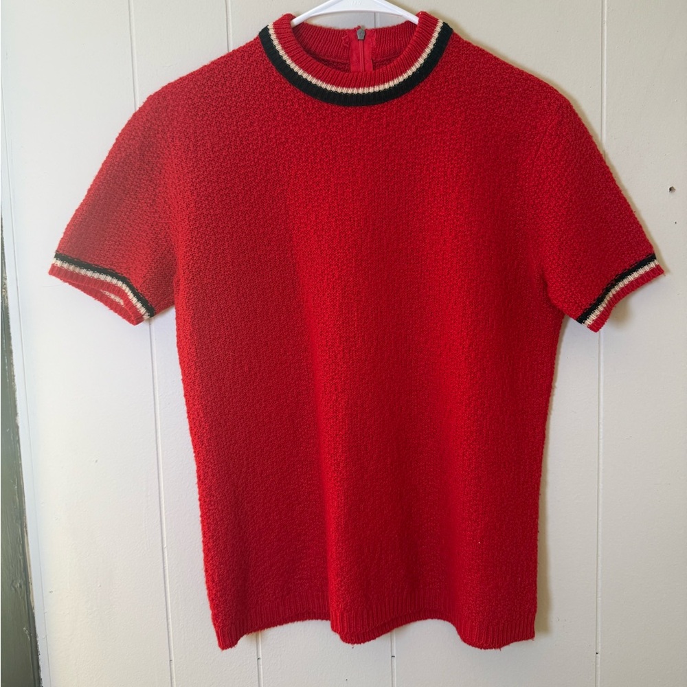 Vintage Red Knit Short Sleeve Sweater Black White Detail Back Zip